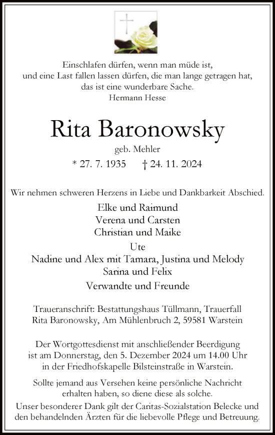 Todesanzeige von Rita Baronowsky von WA