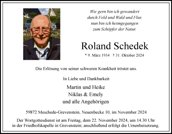 Todesanzeige von Roland Schedek von WA