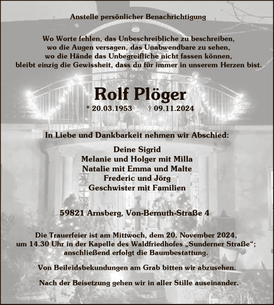 Todesanzeige von Rolf Plöger von WA