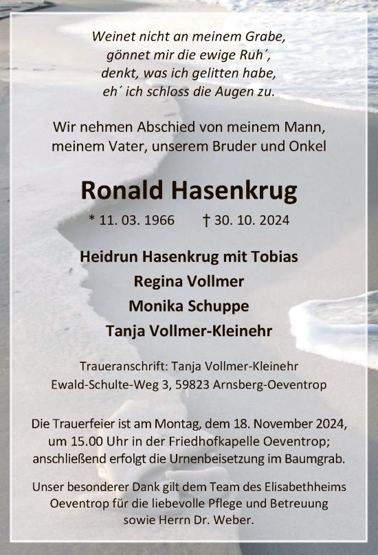 Todesanzeige von Ronald Hasenkrug von WA