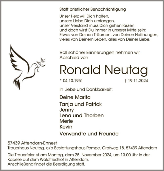 Todesanzeige von Ronald Neutag von WA