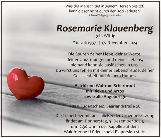 Todesanzeige von Rosemarie Klauenberg von WA