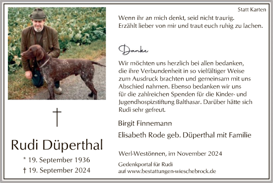 Todesanzeige von Rudi Düperthal von WA