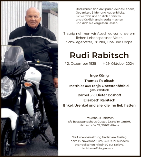 Todesanzeige von Rudi Rabitsch von WA