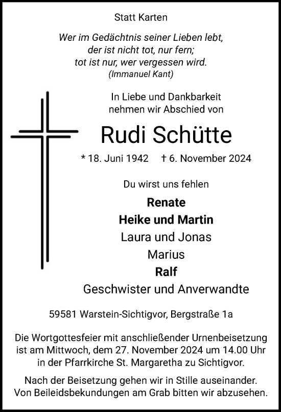 Todesanzeige von Rudi Schütte von WA