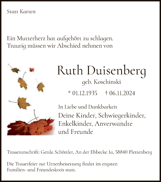 Todesanzeige von Ruth Duisenberg von WA