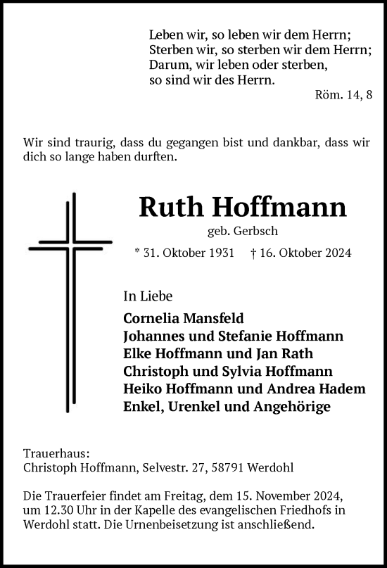 Todesanzeige von Ruth Hoffmann von WA