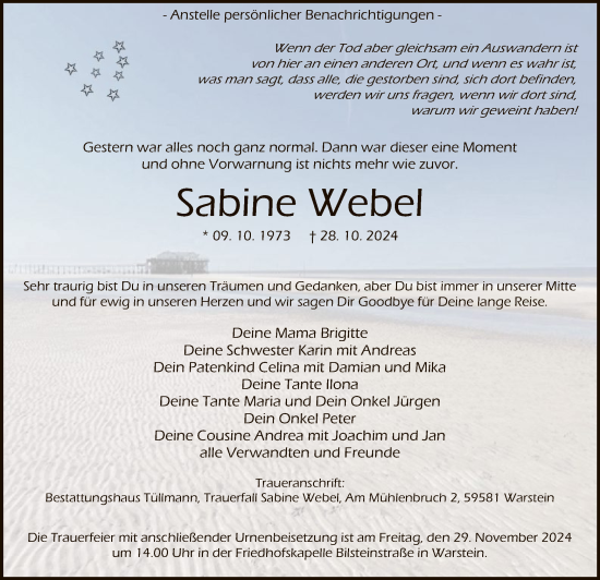 Todesanzeige von Sabine Webel von WA