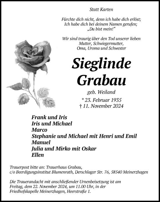 Todesanzeige von Sieglinde Grabau von WA