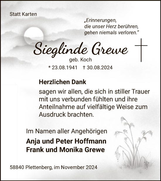 Todesanzeige von Sieglinde Grewe von WA