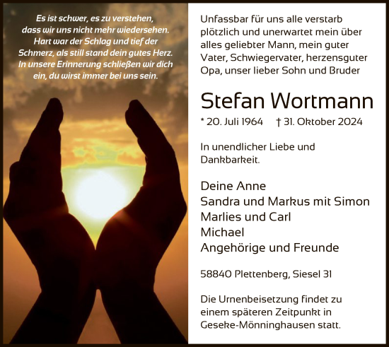 Todesanzeige von Stefan Wortmann von WA