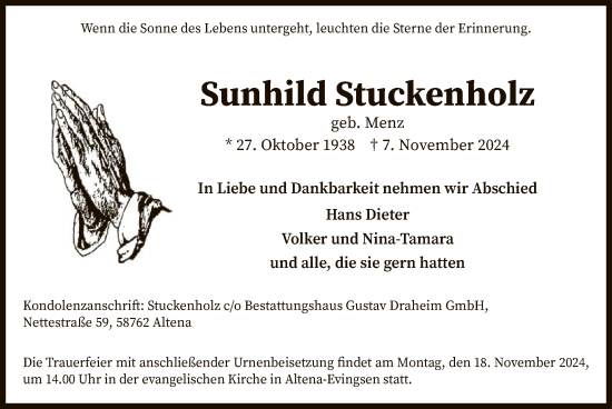 Todesanzeige von Sunhild Stuckenholz von WA