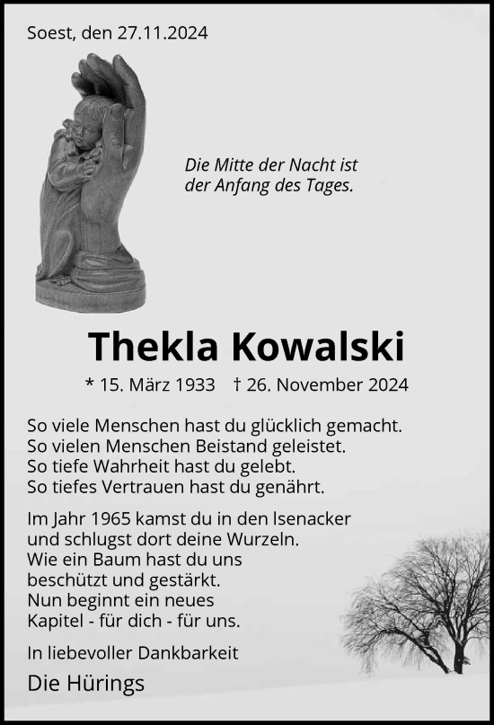 Todesanzeige von Thekla Kowalski von WA