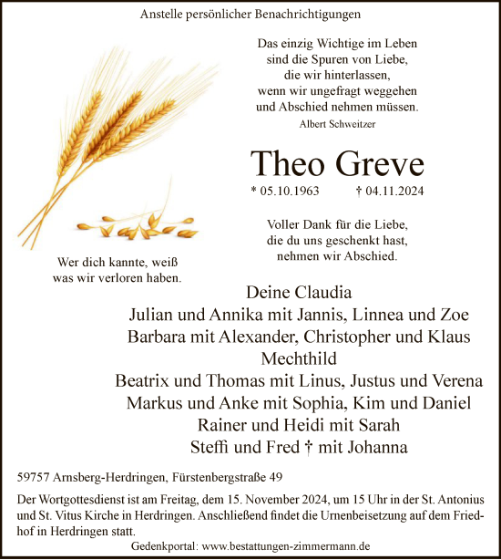 Todesanzeige von Theo Greve von WA