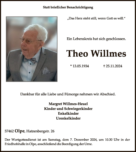 Todesanzeige von Theo Willmes von WA