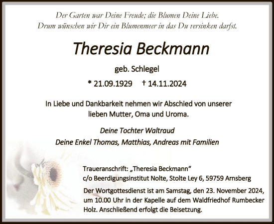 Todesanzeige von Theresia Beckmann von WA