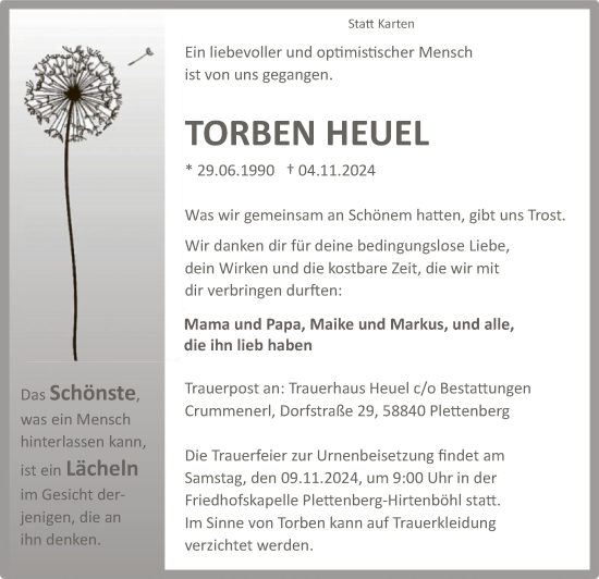 Todesanzeige von Torben Heuel von WA