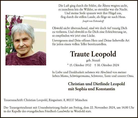 Todesanzeige von Traute Leopold von WA