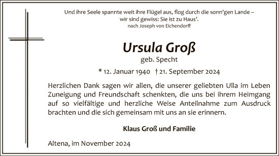 Todesanzeige von Ursula Groß von WA