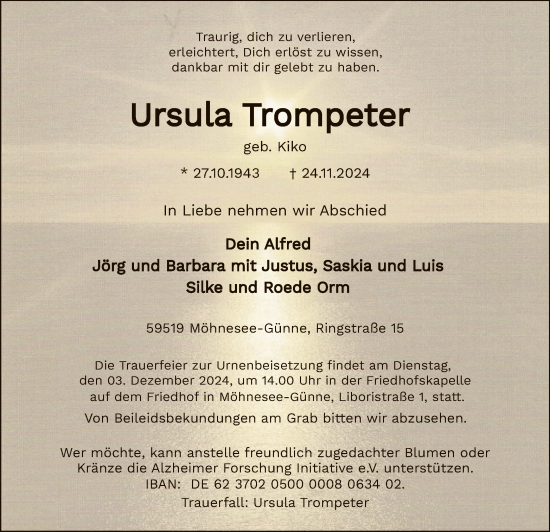 Todesanzeige von Ursula Trompeter von WA