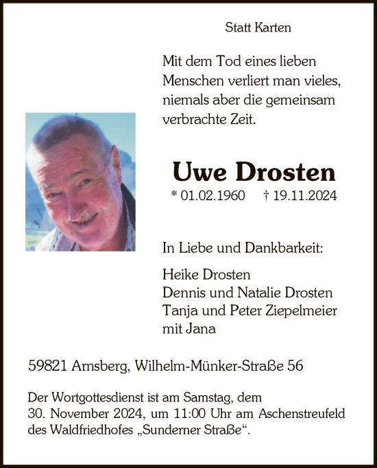 Todesanzeige von Uwe Drosten von WA