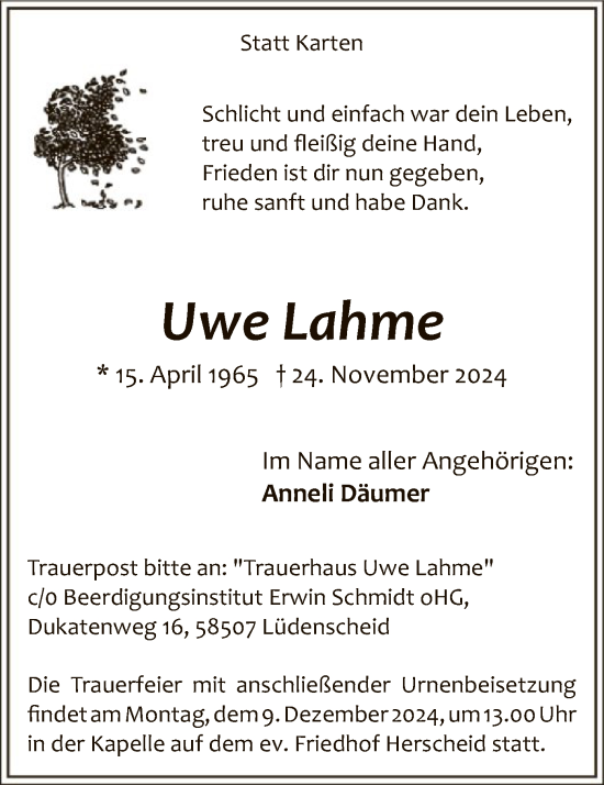 Todesanzeige von Uwe Lahme von WA