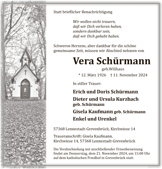 Todesanzeige von Vera Schürmann von WA