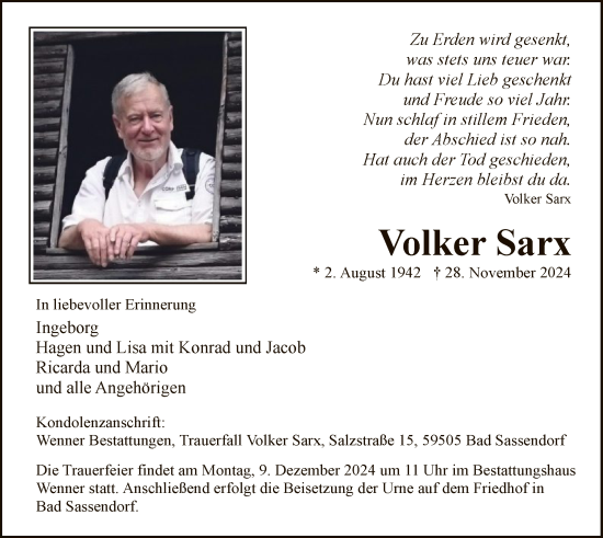 Todesanzeige von Volker Sarx von WA