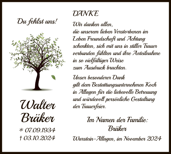 Todesanzeige von Walter Bräker von WA