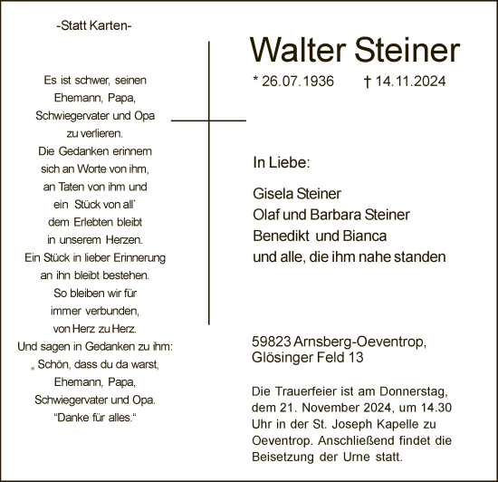 Todesanzeige von Walter Steiner von WA