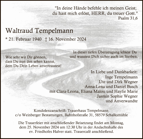 Todesanzeige von Waltraud Tempelmann von WA