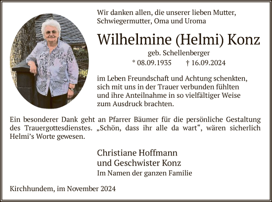 Todesanzeige von Wilhelmine  Konz von WA