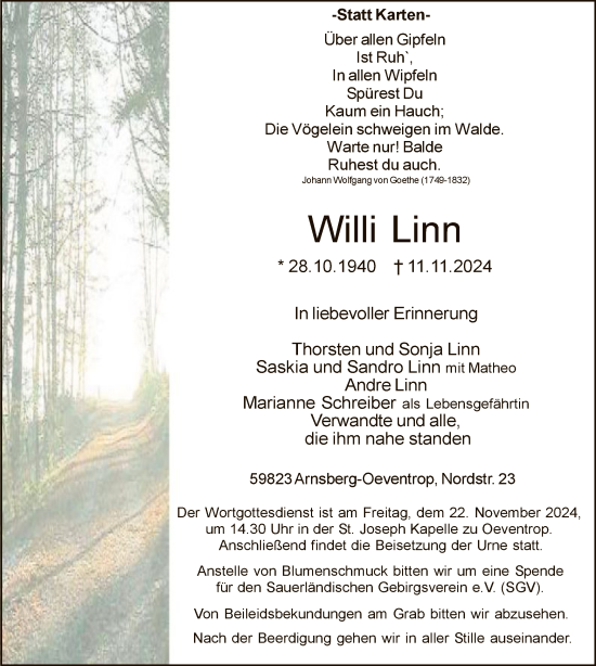 Todesanzeige von Willi Linn von WA