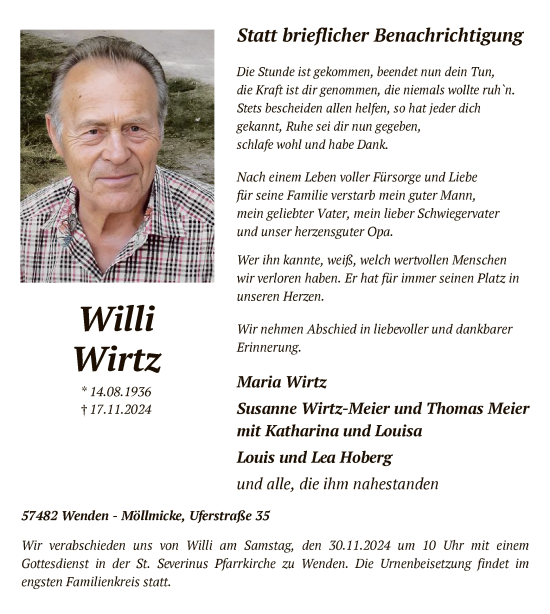 Todesanzeige von Willi Wirtz von WA