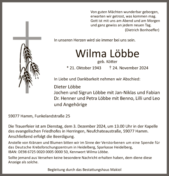 Todesanzeige von Wilma Löbbe von WA