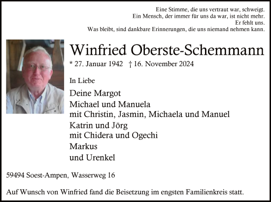 Todesanzeige von Winfried Oberste-Schemmann von WA