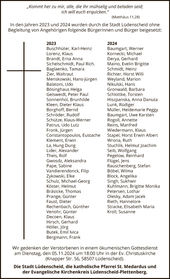 Todesanzeige von Wir gedenken Stadt Lüdenscheid von WA