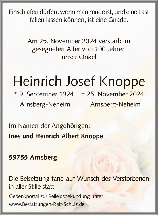 Todesanzeige von Heinrich Josef Knoppe von WA