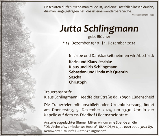 Todesanzeige von Jutta Schlingmann von WA