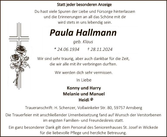 Todesanzeige von Paula Hallmann von WA