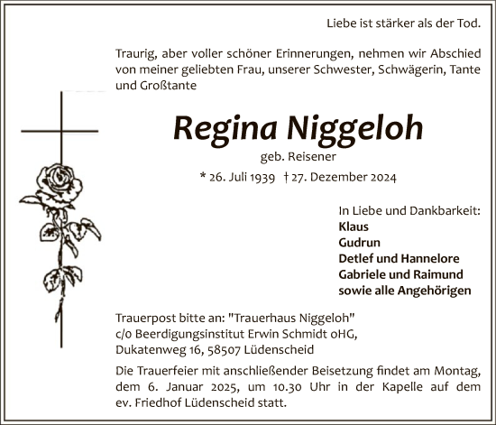 Todesanzeige von Regina Niggeloh von WA