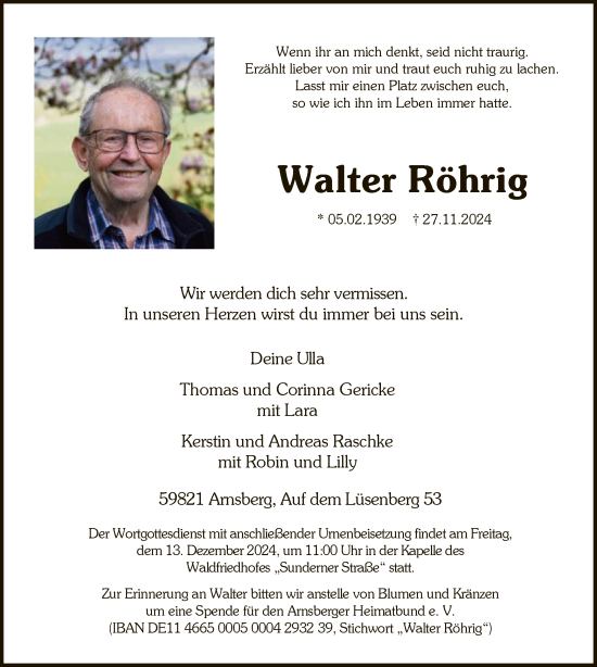 Todesanzeige von Walter Röhrig von WA