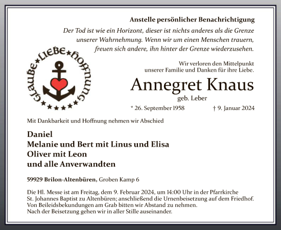 Todesanzeige von Annegret Knaus von WA