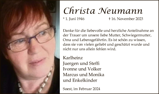 Todesanzeige von Christa Neumann von WA