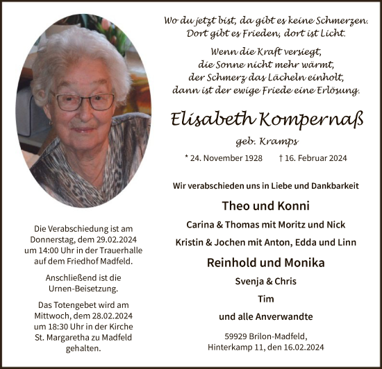 Todesanzeige von Elisabeth Kompernaß von WA
