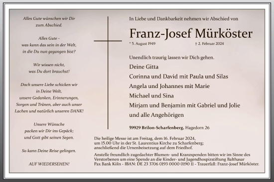 Todesanzeige von Franz-Josef Mürköster von WA