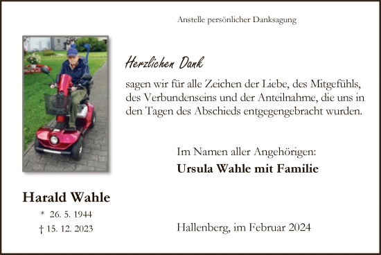 Todesanzeige von Harald Wahle von WA