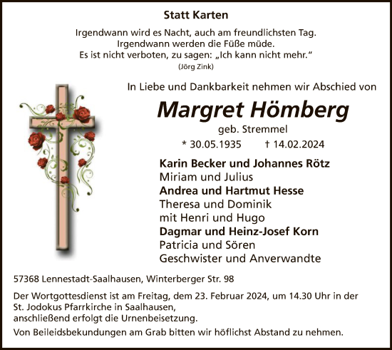 Todesanzeige von Margret Hömberg von WA