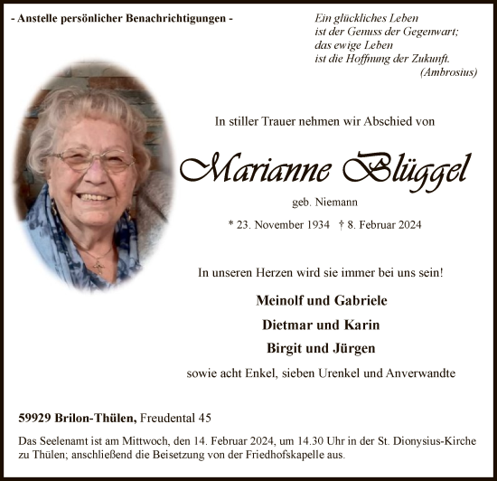 Todesanzeige von Marianne Blüggel von WA