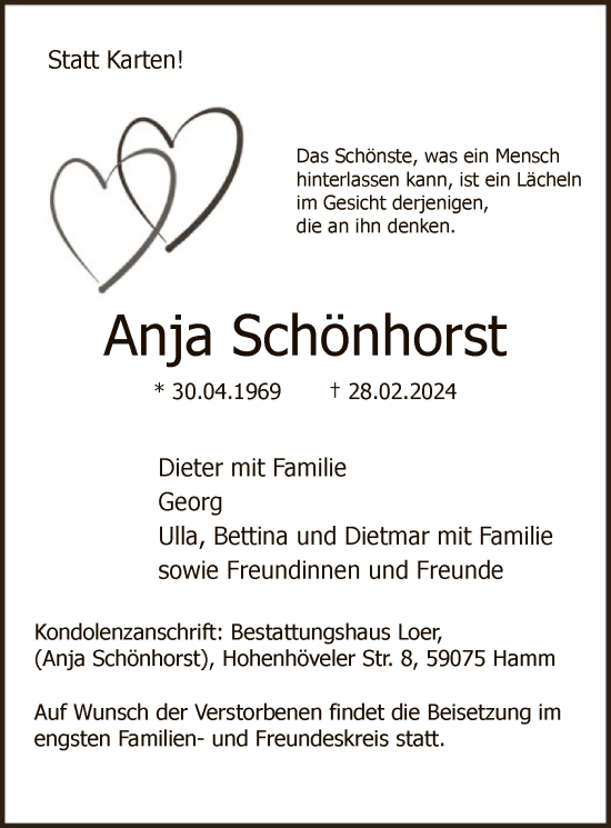 Todesanzeige von Anja Schönhorst von WA